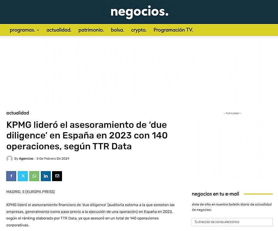KPMG lider el asesoramiento de due diligence en Espaa en 2023 con 140 operaciones, segn TTR Data